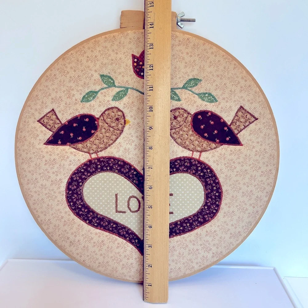 Vintage Appliqué Hoop Art with Two Brown Lovebirds and the Word Love in a Heart.
